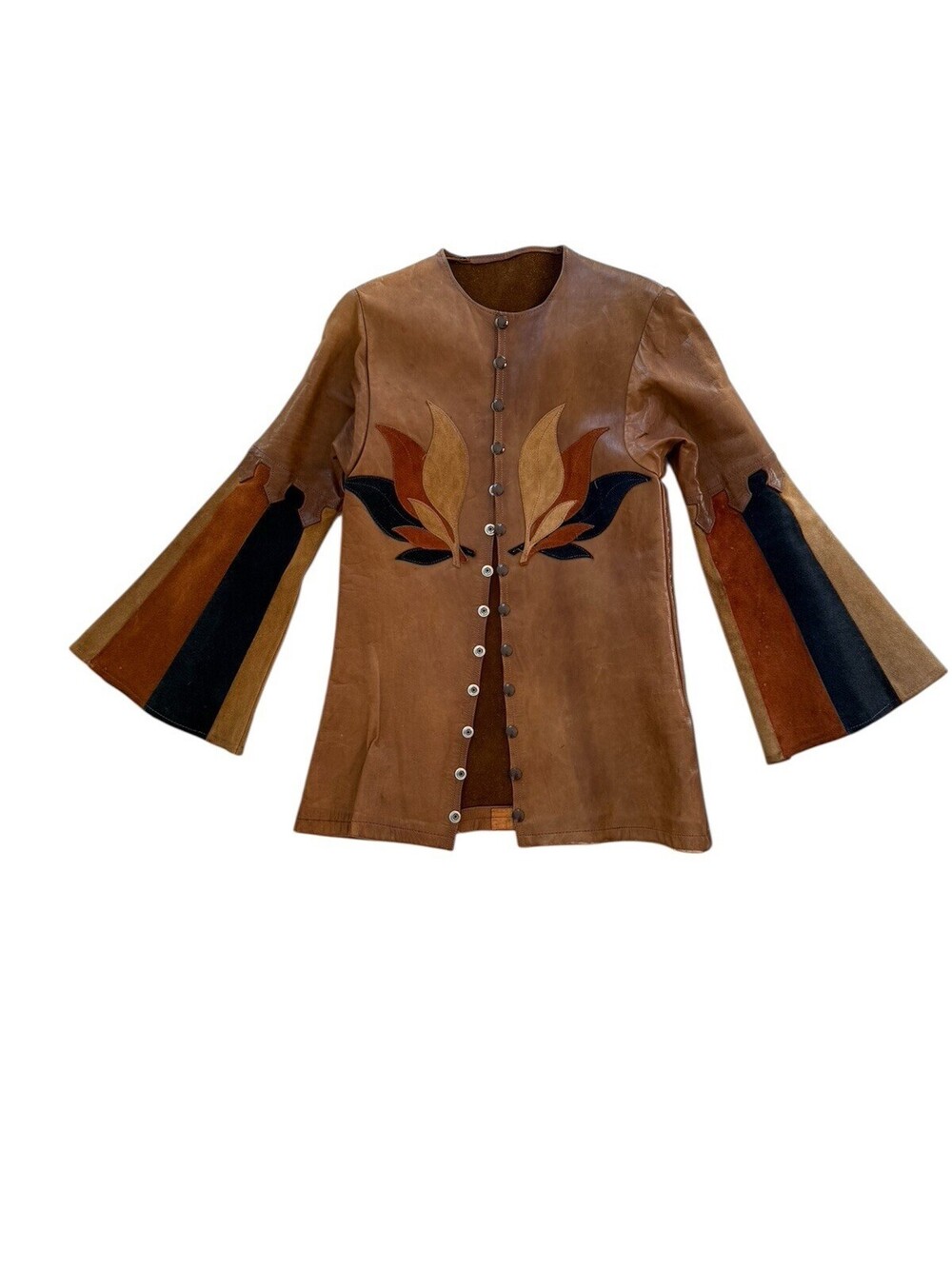 VTG 70s East West Musical Instruments Brown Leather Jacket With Bell Sleeves S